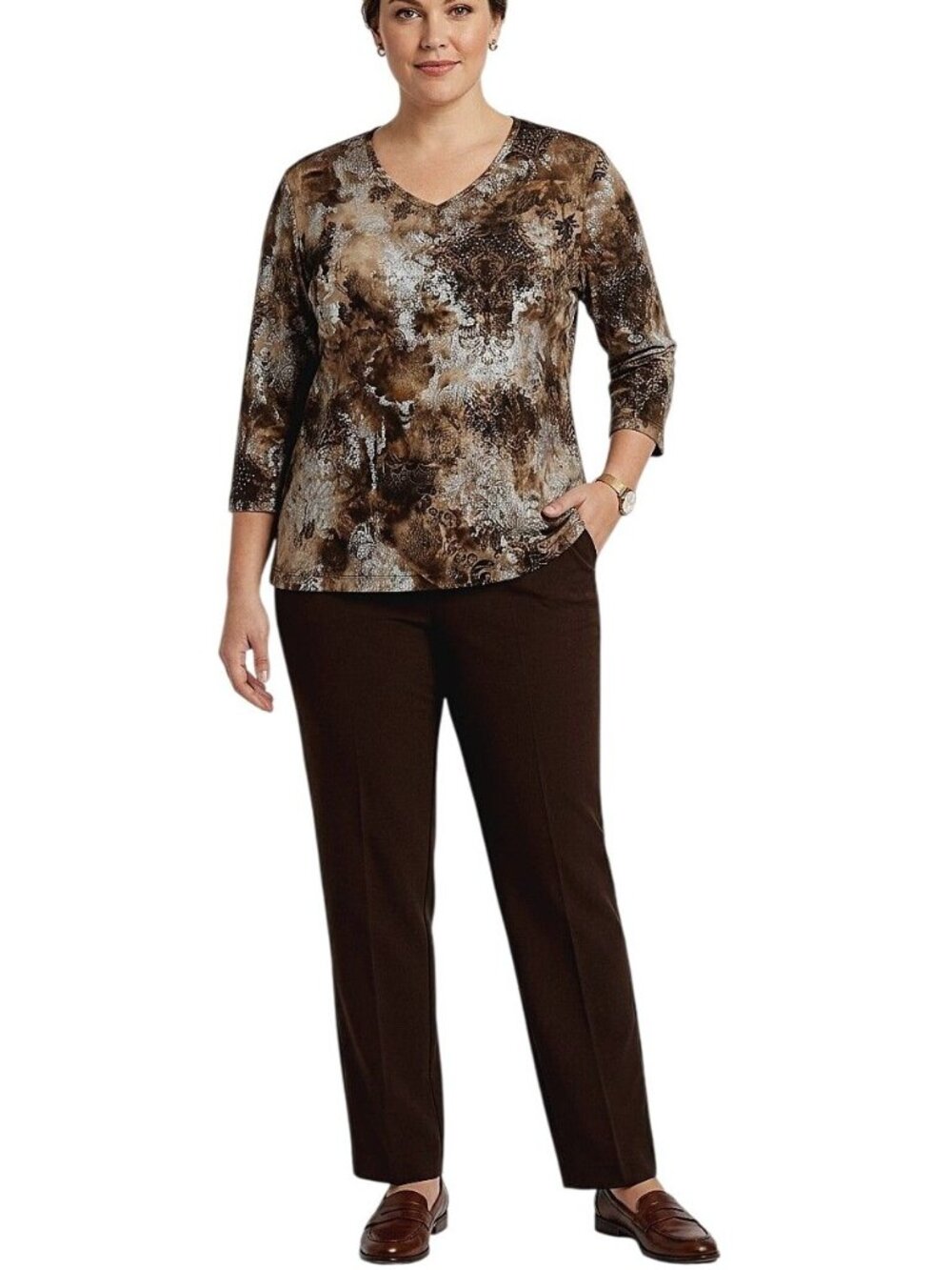 White Stag Women's Brown Print V-Neckline 3/4 Sleeve Pullover Blouse Size Large